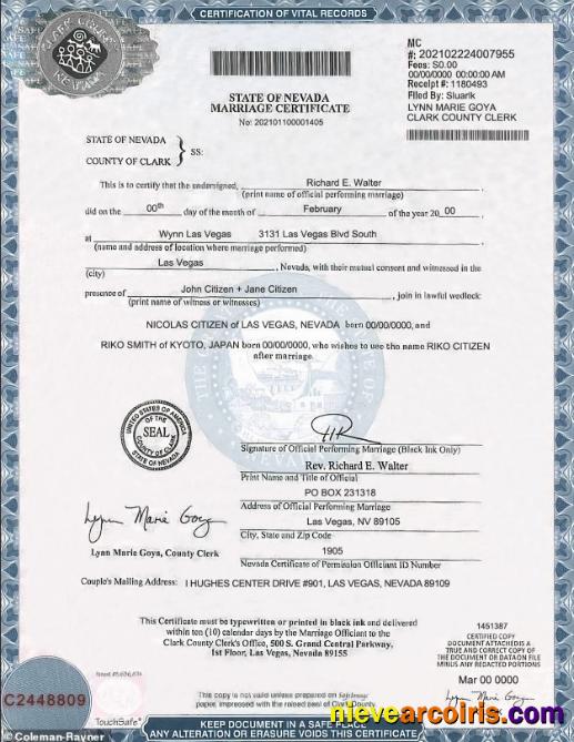 USA Nevada state marriage certificate